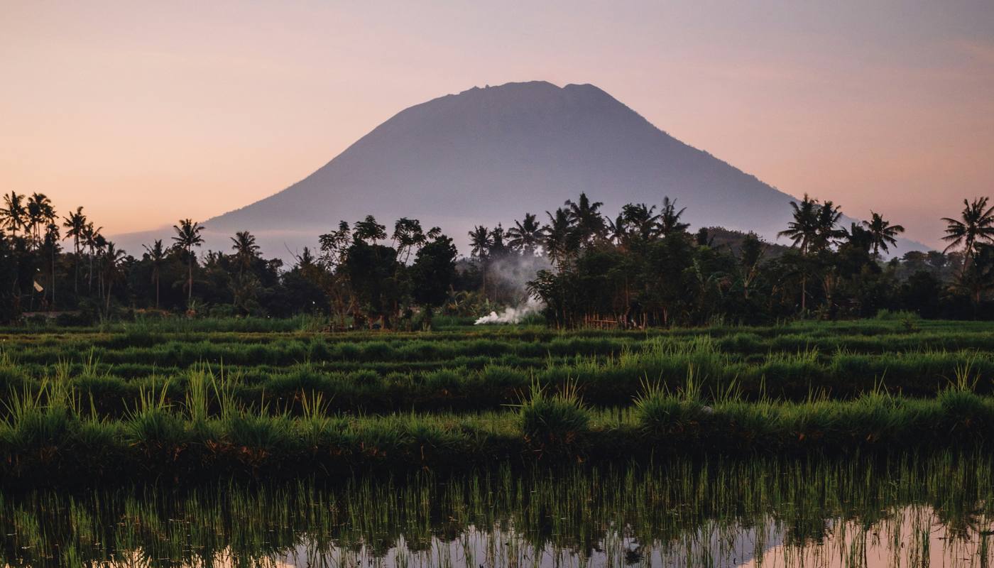 Rice terraces below Mount Agung volcano
