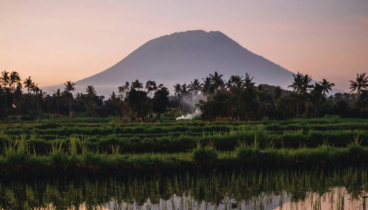 Rice terraces below Mount Agung volcano