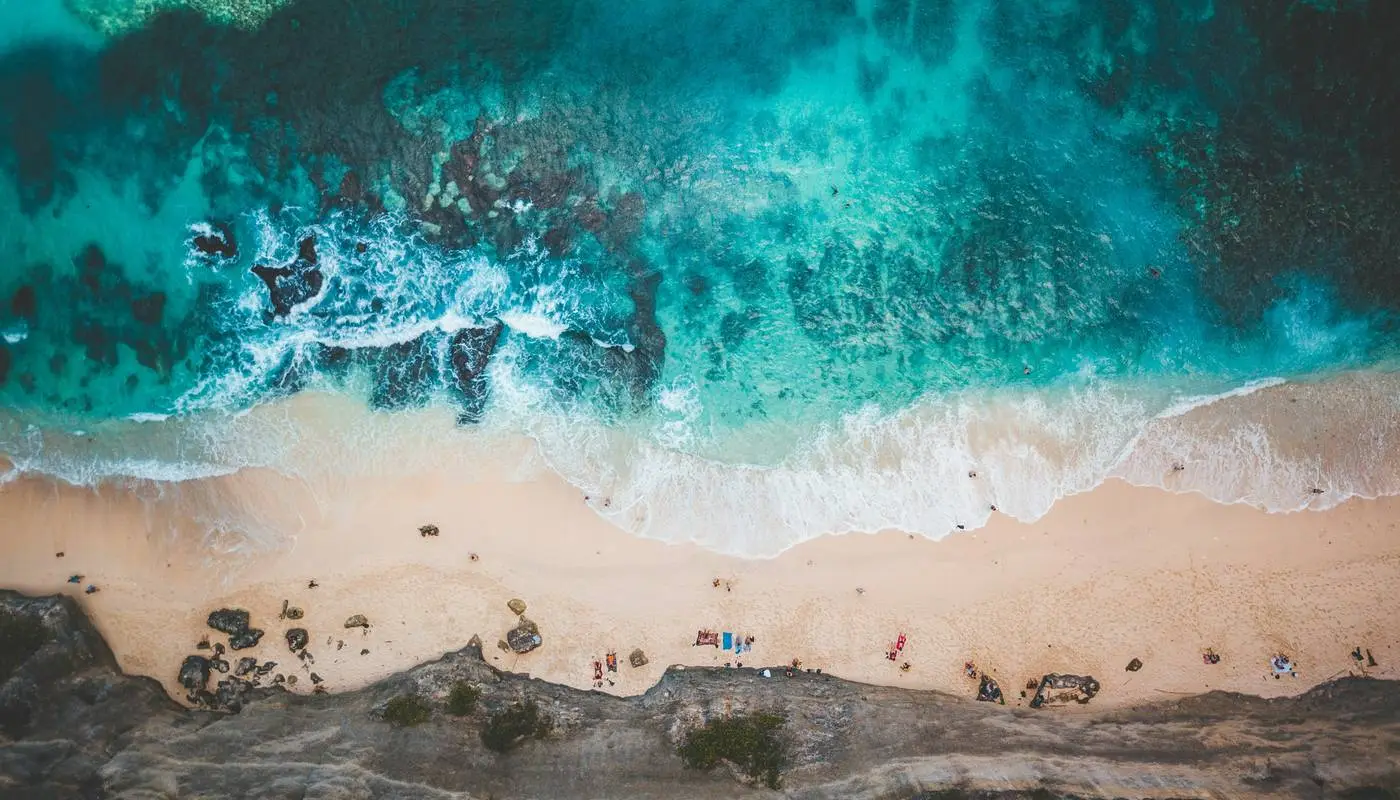 Aerial view of Kelingking Beach on Nusa Penida