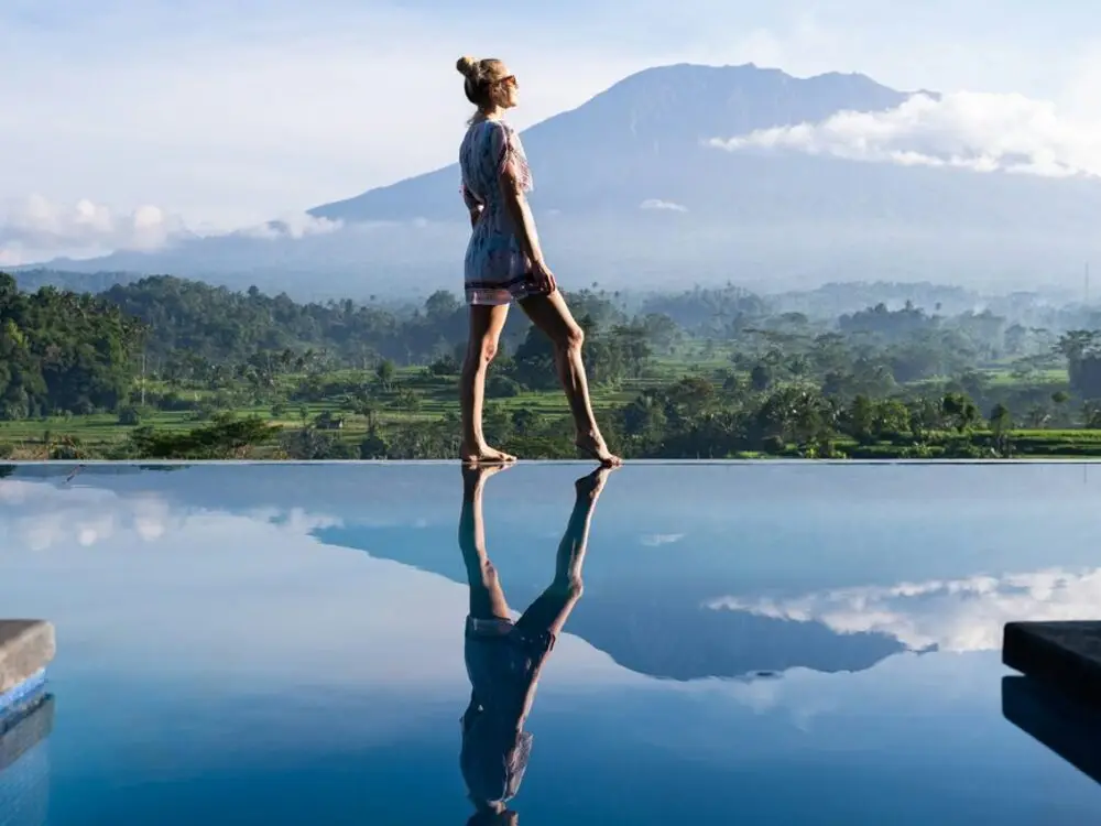Mount Agung glowing at first light above the highlands